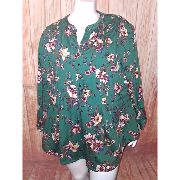 Roz & Ali Tops - Roz & Ali Green Floral Long Roll Tab Sleeve V-neck Blouse Sz XL